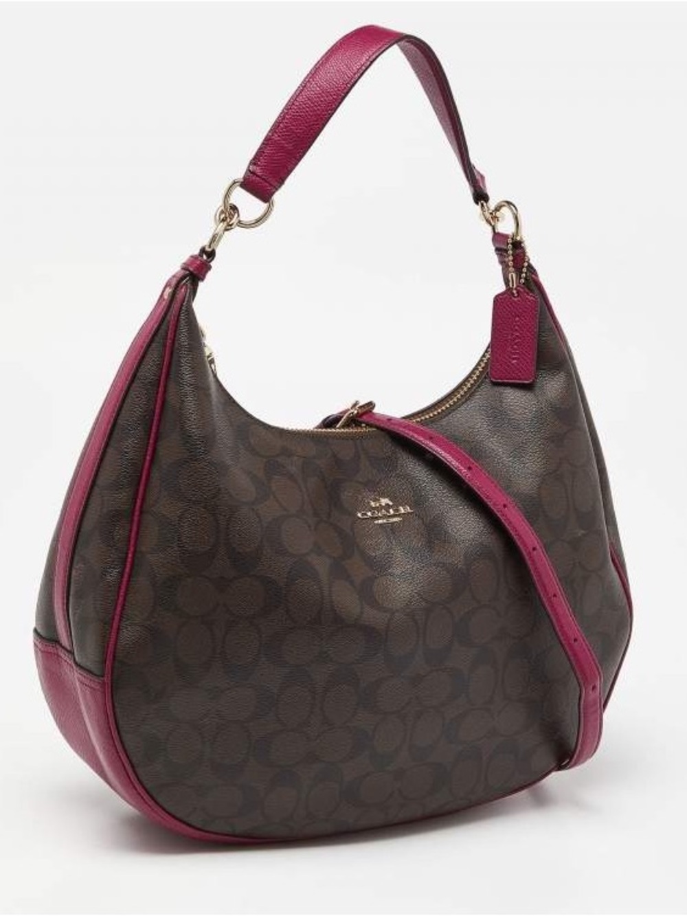 Coach Signature Leather Hobo Bag in Brown with Red Trim